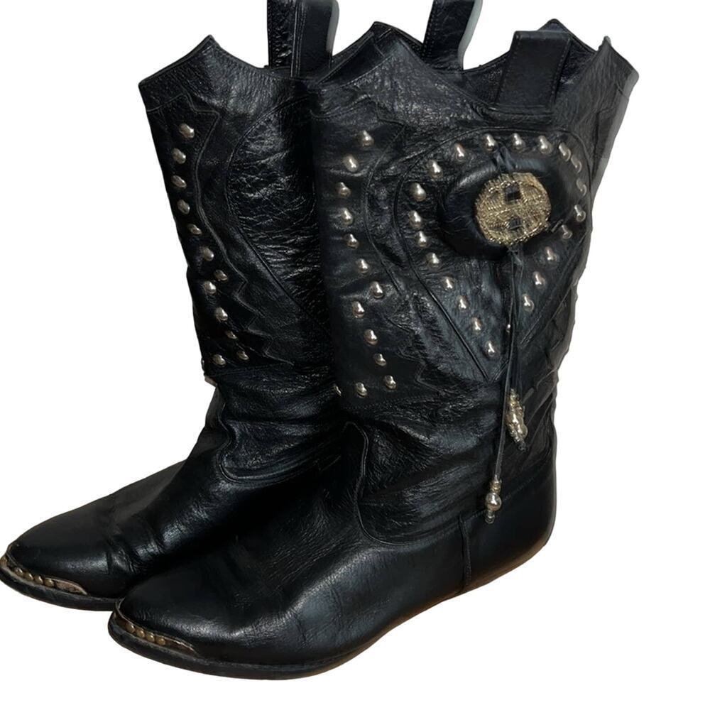 Funky Maine Woods Black Leather Pointed Boots with Embellishments Tassels Size 8